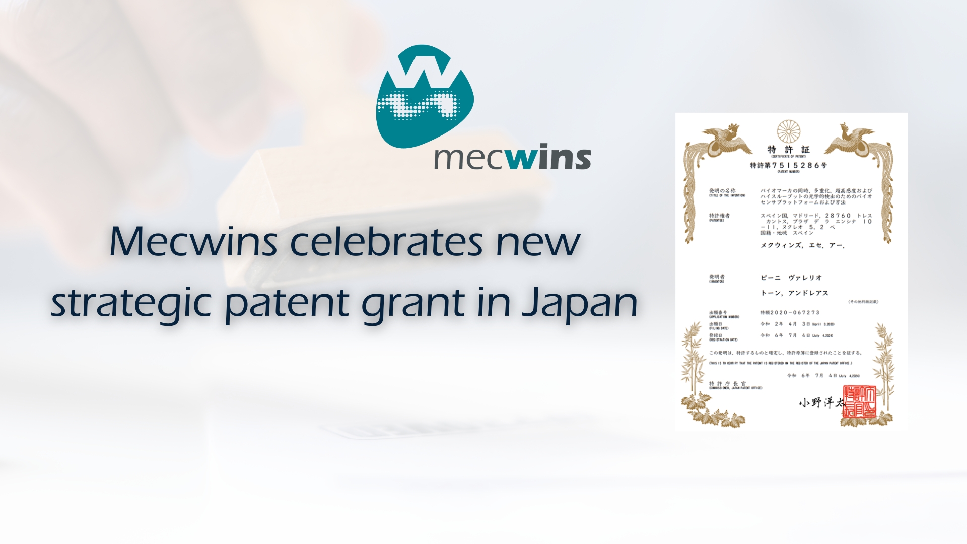 Mecwins celebrates new strategic patent grant in Japan